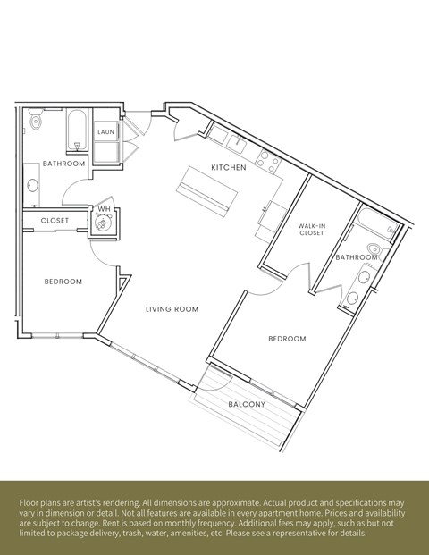Floor plan for 2 beds, 2 baths, 1101 sqft